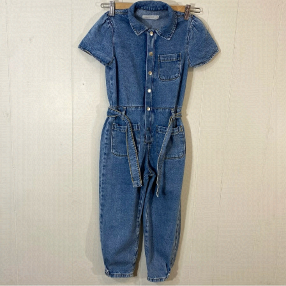 Zara Kids Girl Belted Snap Button Denim Jean Jumpsuit Blue 4676/607 Size 9
